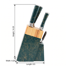 Luxury 6-Piece Marble-Effect Kitchen Knife Set with Wooden Block & Scissors - Green & Gold