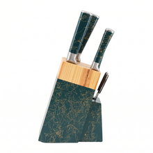 Luxury 6-Piece Marble-Effect Kitchen Knife Set with Wooden Block & Scissors - Green & Gold