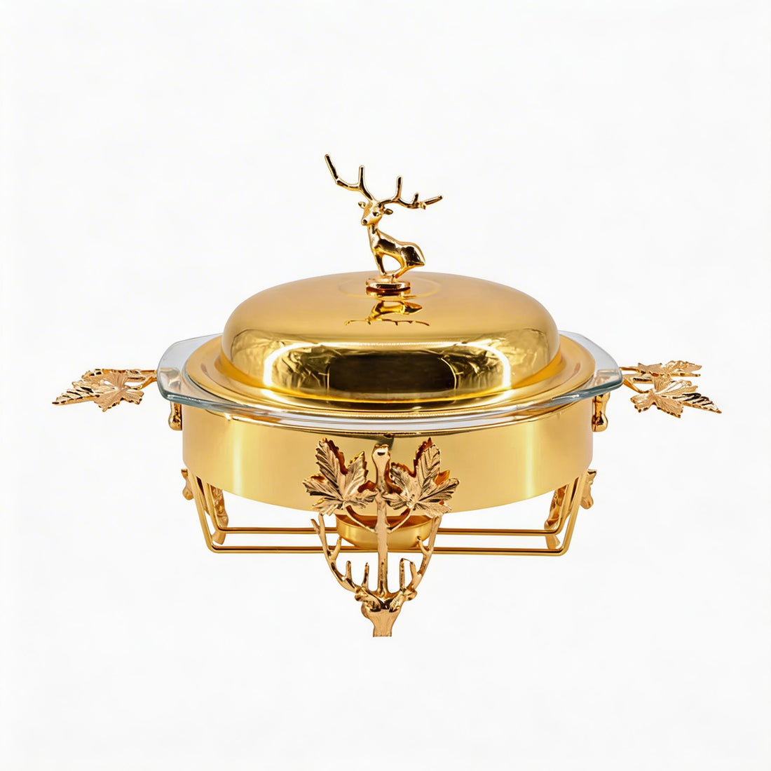 Elegant Gold Chafing Dish with Glass Lid & Deer Handle Accent