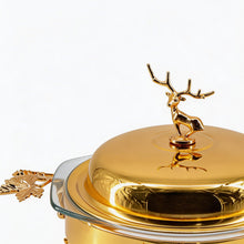 Elegant Gold Chafing Dish with Glass Lid & Deer Handle Accent