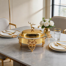 Elegant Gold Chafing Dish with Glass Lid & Deer Handle Accent