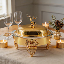 Elegant Gold Chafing Dish with Glass Lid & Deer Handle Accent