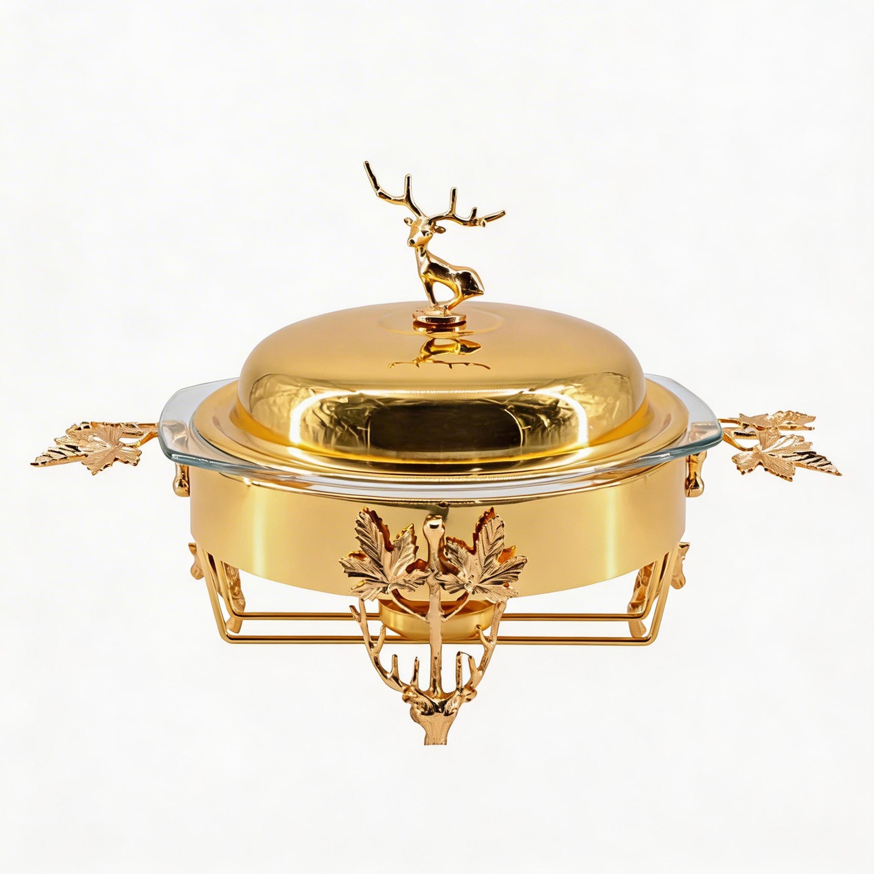 Elegant Gold Chafing Dish with Glass Lid & Deer Handle Accent