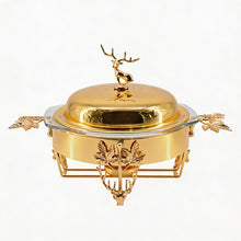 Elegant Gold Chafing Dish with Glass Lid & Deer Handle Accent