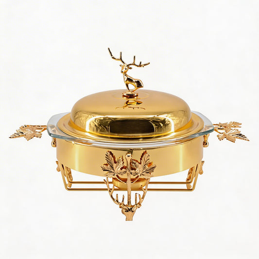 Elegant Gold Chafing Dish with Glass Lid & Deer Handle Accent