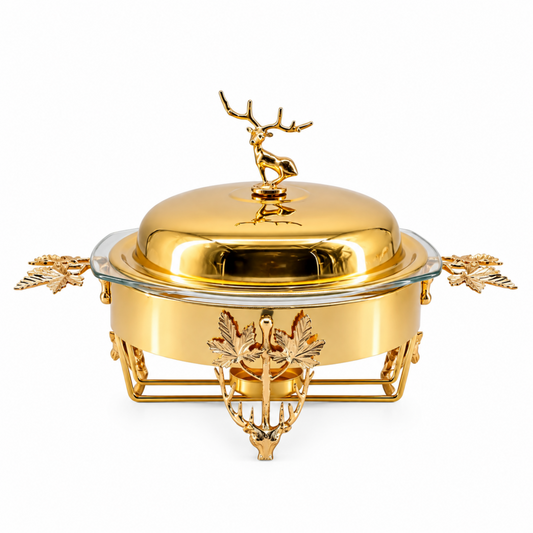 Elegant Gold Chafing Dish with Glass Lid & Deer Handle Accent - Decorative Food Serving Warmer