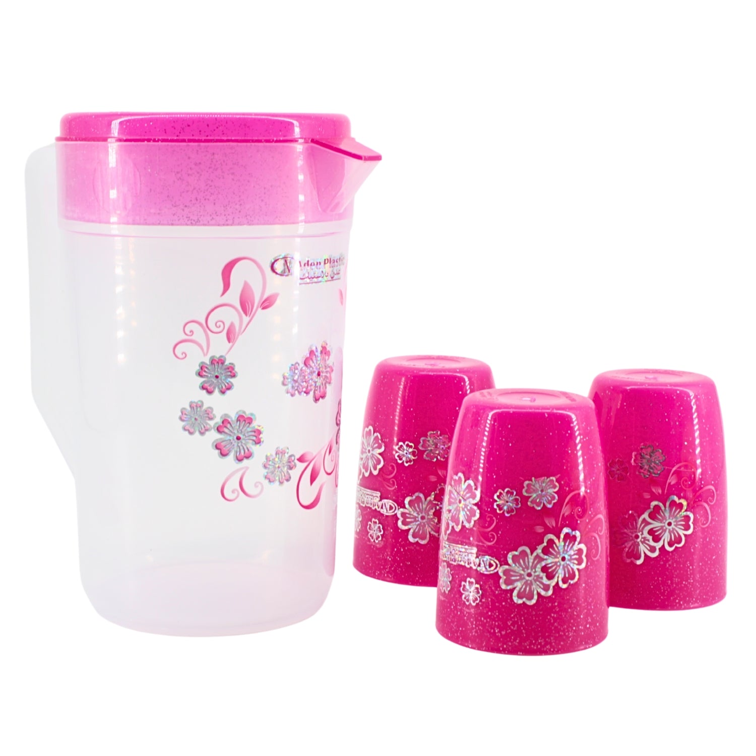 Floral Design Plastic Juice Jack with Cups 7.5" x 5.25" | www.eladhamdist.com