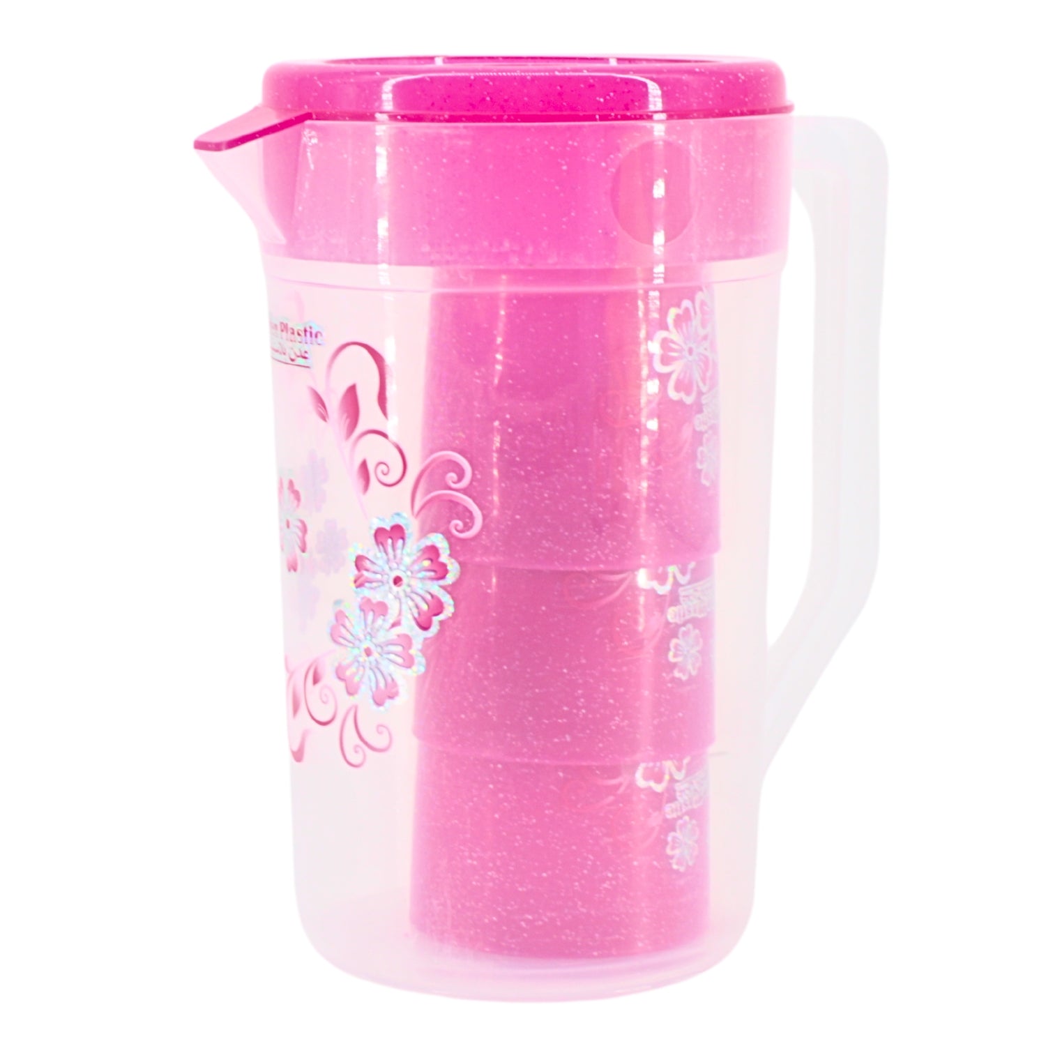 Floral Design Plastic Juice Jack with Cups 7.5" x 5.25" | www.eladhamdist.com