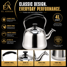 4L Stainless Steel Kettle with Black Carry Handle & Hinged Spout Cover – Silver