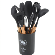 Black Silicone Kitchen Utensil Set with Wooden Handles & Holder - 12 Pieces