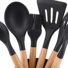 Black Silicone Kitchen Utensil Set with Wooden Handles & Holder - 12 Pieces