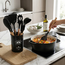 Black Silicone Kitchen Utensil Set with Wooden Handles & Holder - 12 Pieces
