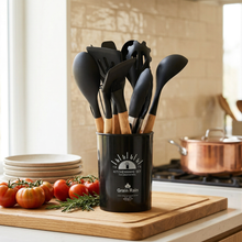 Black Silicone Kitchen Utensil Set with Wooden Handles & Holder - 12 Pieces