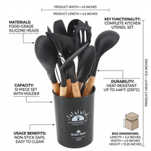 Black Silicone Kitchen Utensil Set with Wooden Handles & Holder - 12 Pieces