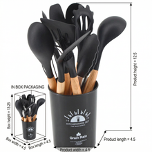Black Silicone Kitchen Utensil Set with Wooden Handles & Holder - 12 Pieces