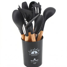 Black Silicone Kitchen Utensil Set with Wooden Handles & Holder - 12 Pieces