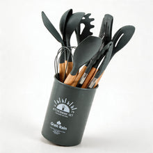 Gray Silicone Kitchen Utensil Set with Wooden Handles & Holder - 12 Pieces