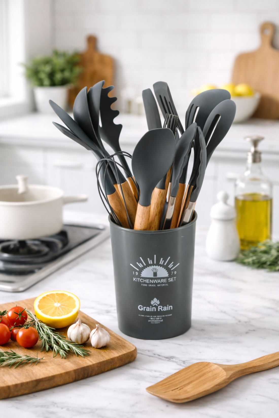 Gray Silicone Kitchen Utensil Set with Wooden Handles & Holder - 12 Pieces