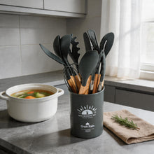 Gray Silicone Kitchen Utensil Set with Wooden Handles & Holder - 12 Pieces