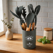 Gray Silicone Kitchen Utensil Set with Wooden Handles & Holder - 12 Pieces