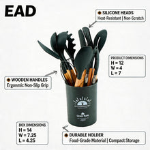 Gray Silicone Kitchen Utensil Set with Wooden Handles & Holder - 12 Pieces