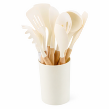White Silicone Kitchen Utensil Set with Wooden Handles & Holder - 12 Pieces