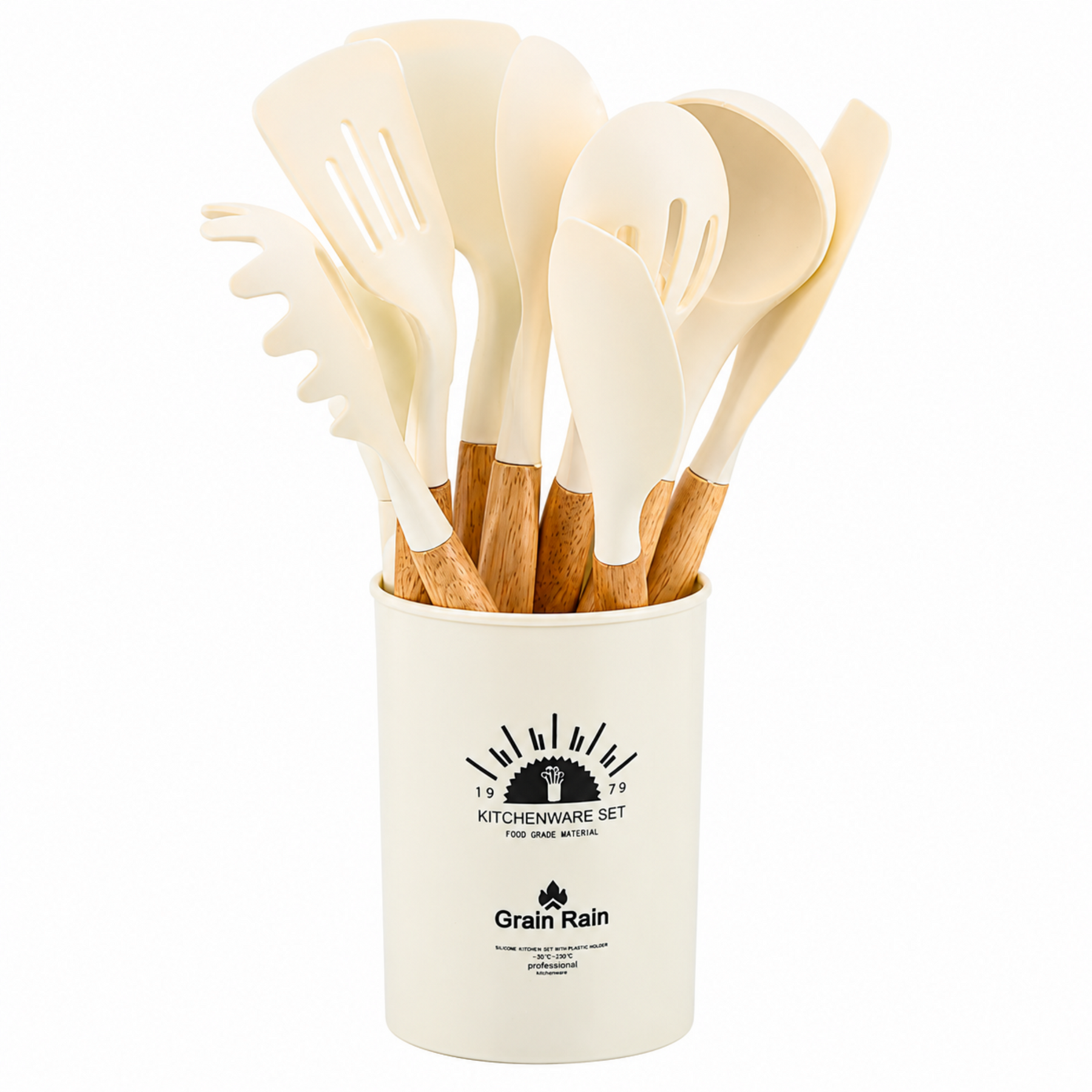 White Silicone Kitchen Utensil Set with Wooden Handles & Holder - 12 Pieces