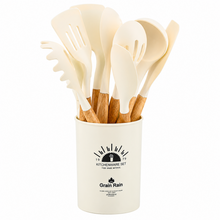 White Silicone Kitchen Utensil Set with Wooden Handles & Holder - 12 Pieces