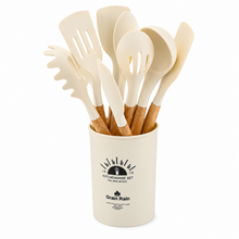 White Silicone Kitchen Utensil Set with Wooden Handles & Holder - 12 Pieces