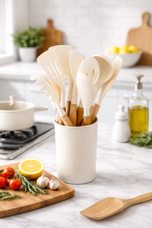 White Silicone Kitchen Utensil Set with Wooden Handles & Holder - 12 Pieces