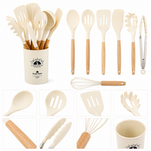 White Silicone Kitchen Utensil Set with Wooden Handles & Holder - 12 Pieces