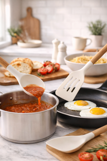 White Silicone Kitchen Utensil Set with Wooden Handles & Holder - 12 Pieces