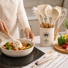 White Silicone Kitchen Utensil Set with Wooden Handles & Holder - 12 Pieces