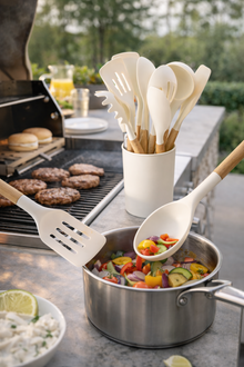 White Silicone Kitchen Utensil Set with Wooden Handles & Holder - 12 Pieces