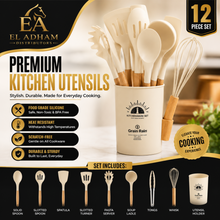 White Silicone Kitchen Utensil Set with Wooden Handles & Holder - 12 Pieces