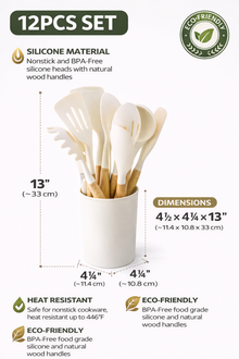 White Silicone Kitchen Utensil Set with Wooden Handles & Holder - 12 Pieces