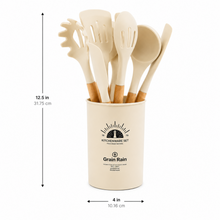 White Silicone Kitchen Utensil Set with Wooden Handles & Holder - 12 Pieces