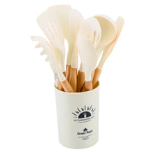 White Silicone Kitchen Utensil Set with Wooden Handles & Holder - 12 Pieces