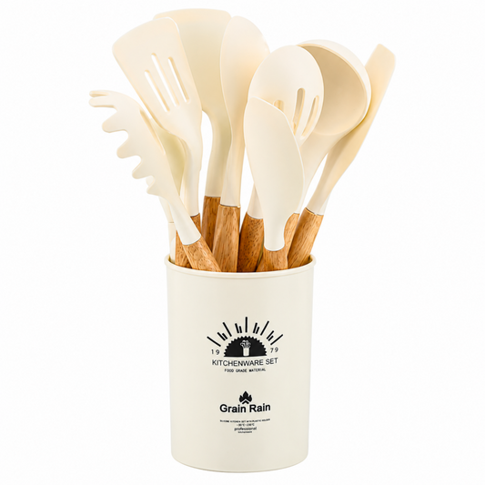 White Silicone Kitchen Utensil Set with Wooden Handles & Storage Holder - 12-Piece Cooking Tool Set