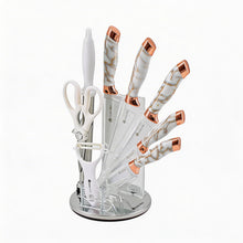 White Marble Knife Set with Rose Gold Accents & Acrylic Stand - 9 Pieces