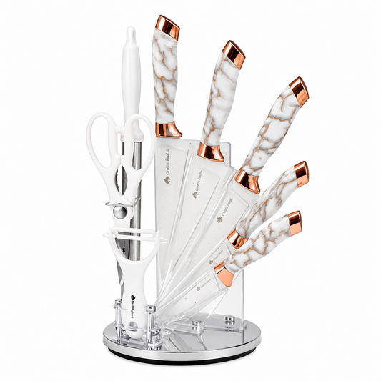 White Marble Knife Set with Rose Gold Accents & Acrylic Stand - 9 Pieces