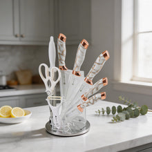 White Marble Knife Set with Rose Gold Accents & Acrylic Stand - 9 Pieces
