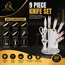 White Marble Knife Set with Rose Gold Accents & Acrylic Stand - 9 Pieces