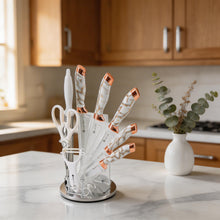 White Marble Knife Set with Rose Gold Accents & Acrylic Stand - 9 Pieces