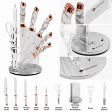 White Marble Knife Set with Rose Gold Accents & Acrylic Stand - 9 Pieces
