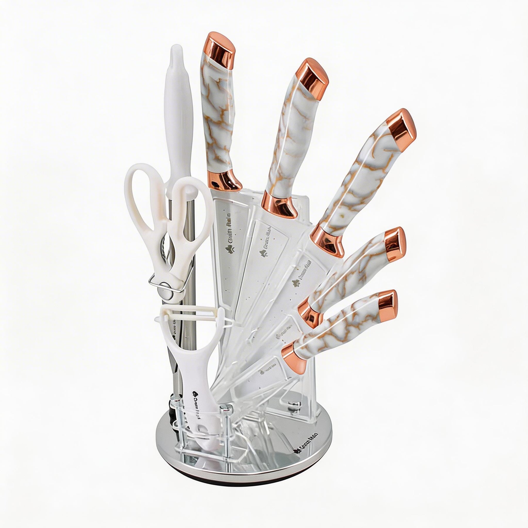 White Marble Knife Set with Rose Gold Accents & Acrylic Stand - 9 Pieces