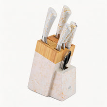 White Marble Knife Block Set with Gold Veining & Wooden Top