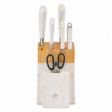White Marble Knife Block Set with Gold Veining & Wooden Top