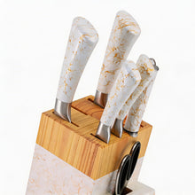 White Marble Knife Block Set with Gold Veining & Wooden Top