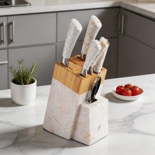 White Marble Knife Block Set with Gold Veining & Wooden Top